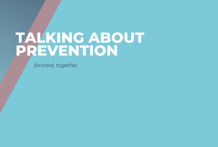 Image has text "Talking About Prevention" over a light blue background, with navy blue and soft red in top left corner.