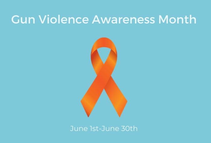 A graphic of an orange ribbon, the symbol for gun violence awareness, against a light blue background with the text "Gun Violence Awareness Month - June first through thirtieth" in white.